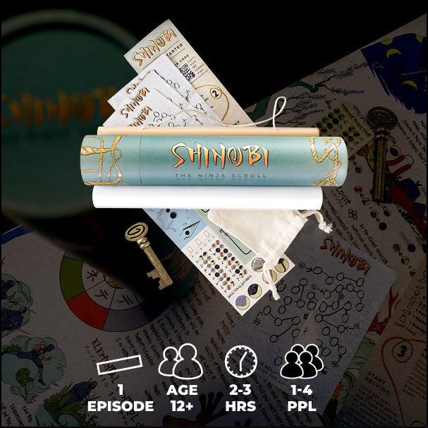 Shinobi game packaging with items and accessories on a dark background. Games Night in an envelope and tabletop Escape Room Game. Similar to an Exit Game. Same genre as murder mystery.